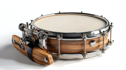 Obraz premium A wooden drum with a black handle and a silver rim