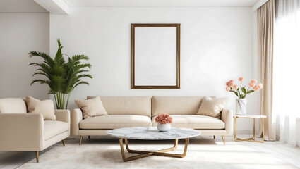 Interior of modern living room with sofa, table and creative artwork.