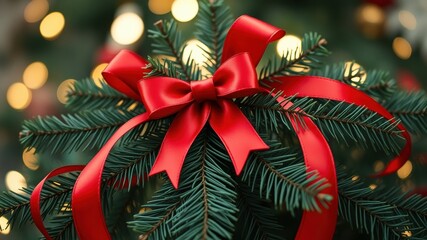 A vibrant red ribbon bow adorns a lush evergreen branch, creating a festive and cheerful holiday scene.