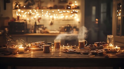 A vintage farmhouse-style table, topped with blurred mugs of steaming cocoa and scattered holiday treats, with softly glowing festive lights and warm rustic tones,