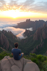 Fototapeta premium A man is sitting on a rock overlooking a mountain range. The sky is orange and the clouds are white. The man is looking out over the mountains, taking in the view