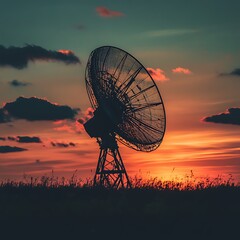 Silhouette of a large satellite dish against a vibrant sunset.