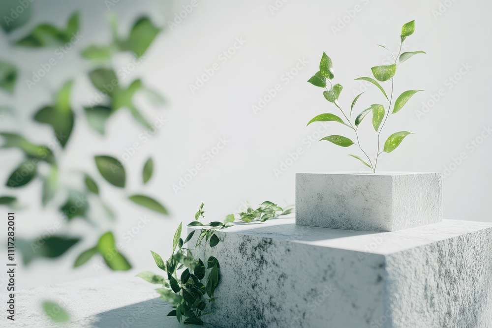 Poster a minimalistic display featuring a small plant on a pedestal, emphasizing nature and simplicity.