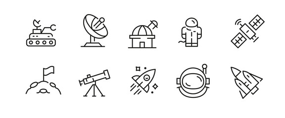 Astronautics icons. Set of 10 space trendy minimal icons. Example: Spaceman, spaceship, Planet, UFO, Telescope, Comet icon. Design signs for web page, mobile app, packaging design. Vector illustration