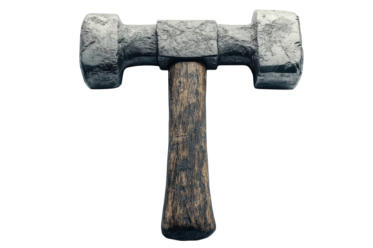 Unique heavy hammer with a wooden handle designed for construction or metalworking activities