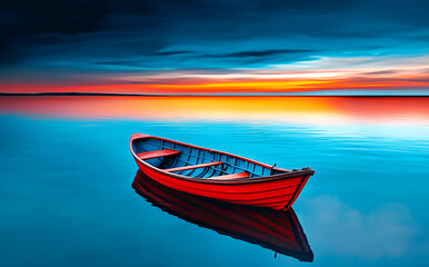 A red boat sits in the water, reflecting the beautiful colors of the sunset. Concept of calm and serenity, as the boat floats peacefully on the still water