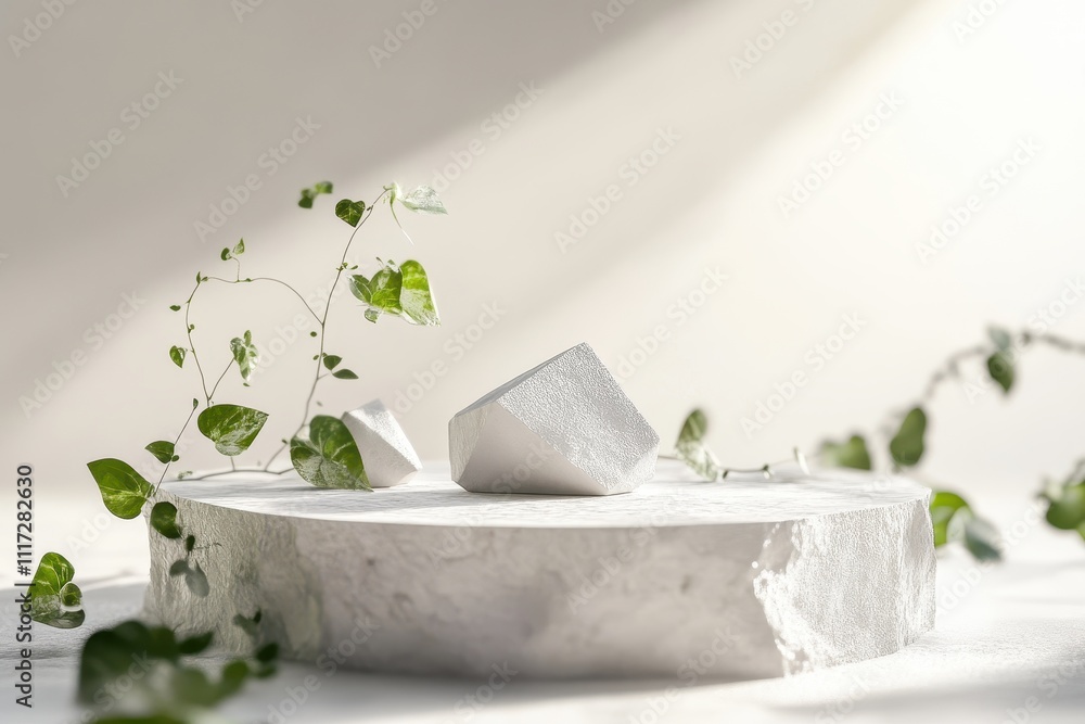 Poster a minimalist composition featuring geometric shapes and greenery on a textured surface.