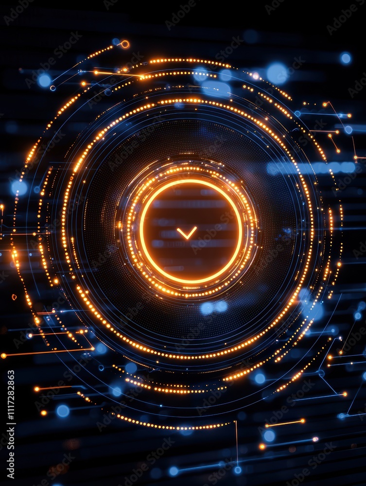 Poster a vibrant, abstract digital design featuring glowing circular patterns and luminous dots against a d