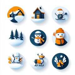 Fototapeta premium Winter Icons Set Snowmen Cabin Skiing Snowflakes Trees
