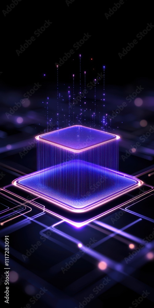 Poster a futuristic digital circuit featuring stacked layers, illuminated with vibrant purple light, repres