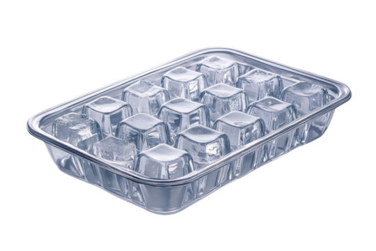 Ice cubes neatly arranged in a clear tray ready for use in drinks or cooling items