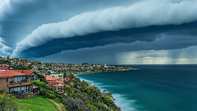 Arcus cloud formation rolling toward the coast, appearing like an ocean wave in the sky.