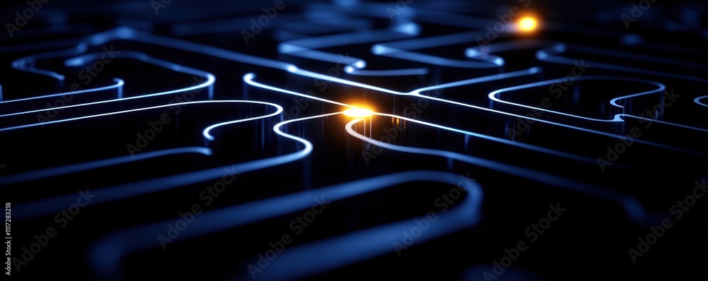 Poster a closer view of a glowing maze design, featuring intricate paths and illuminated junctions, set aga