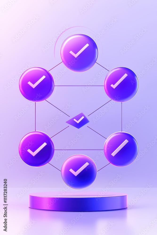 Poster a stylized arrangement of purple checkmarks connected in a network, symbolizing verification, progre