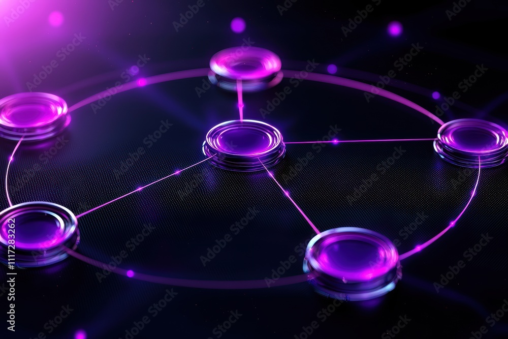 Poster a vibrant digital network design featuring interconnected nodes and glowing purple circles, symboliz