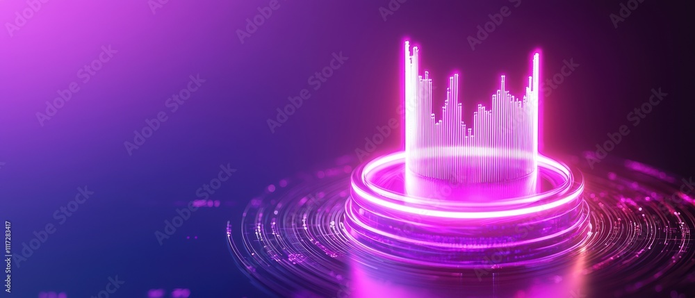 Poster a vibrant display of pink and purple light waves emanating from a circular base, creating an energet