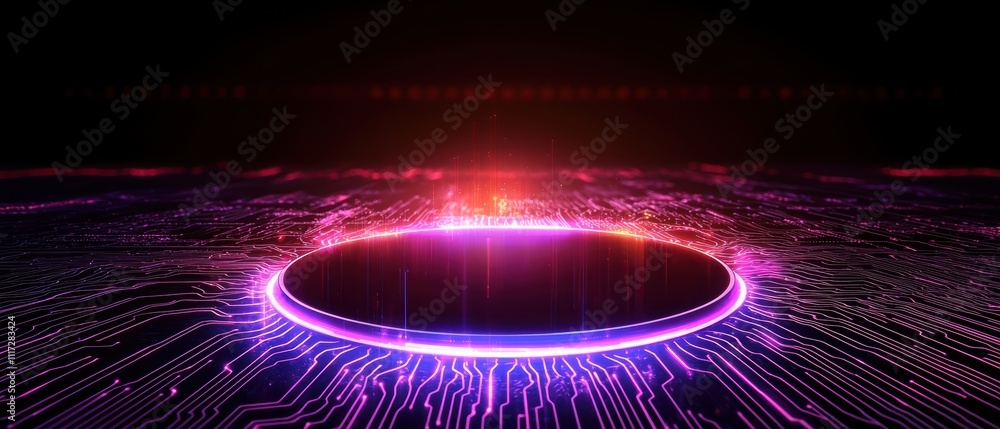 Poster a vibrant, abstract digital representation featuring a glowing circular core surrounded by intricate