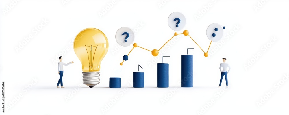 Poster the image depicts a light bulb symbolizing ideas, alongside bar graphs and question marks, represent