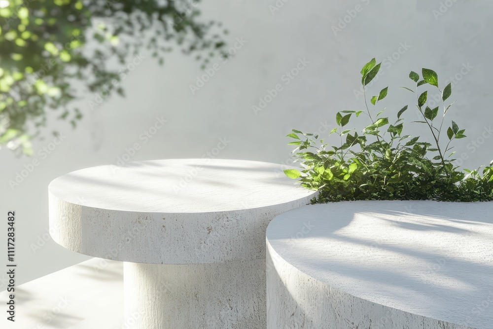 Aufkleber minimalist design featuring circular tables with greenery, emphasizing tranquility and nature.
