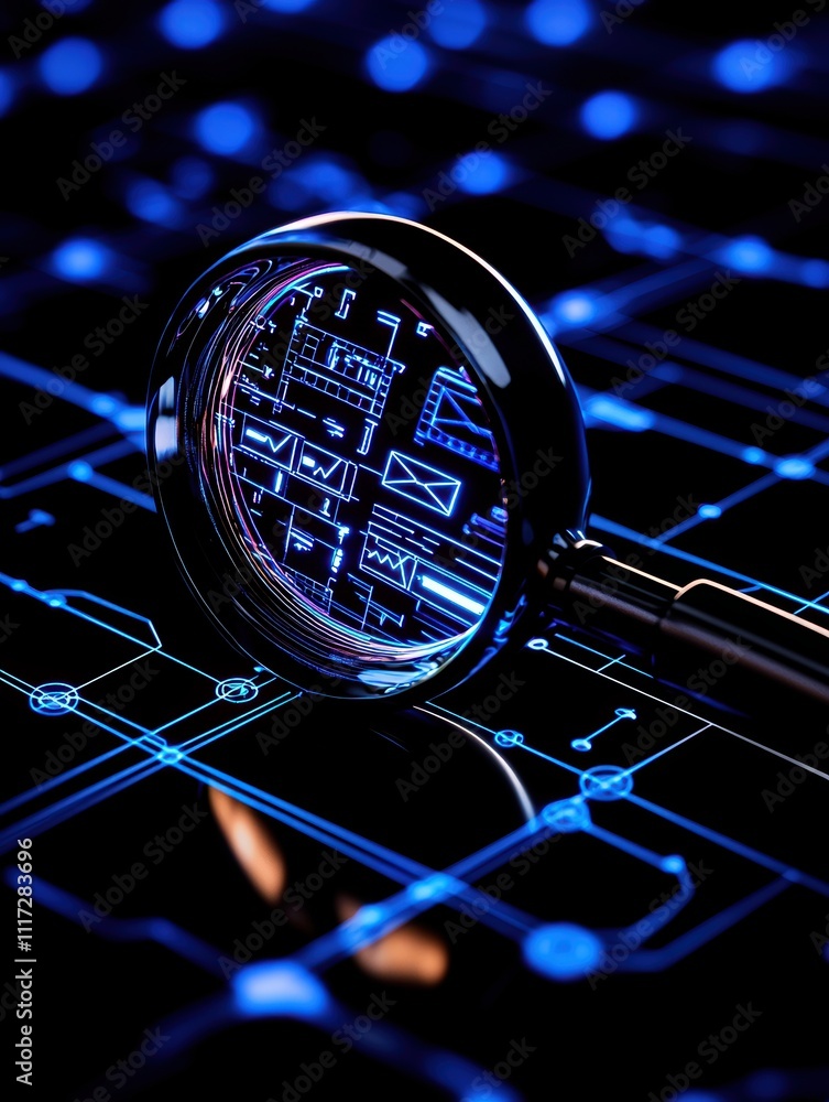 Poster a magnifying glass focuses on a digital circuit board, highlighting intricate patterns and glowing c