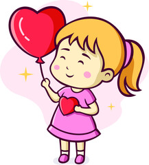 Cute Liitle Girl Holding Balloon Cartoon Illustration