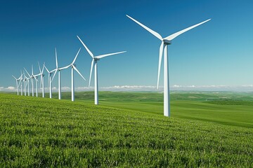 Fototapeta premium Wind turbines generating clean energy on green field.
