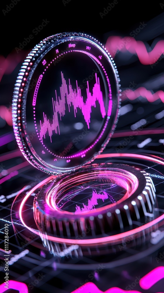 Poster a futuristic representation of digital currency, featuring glowing coins and financial graphs, empha