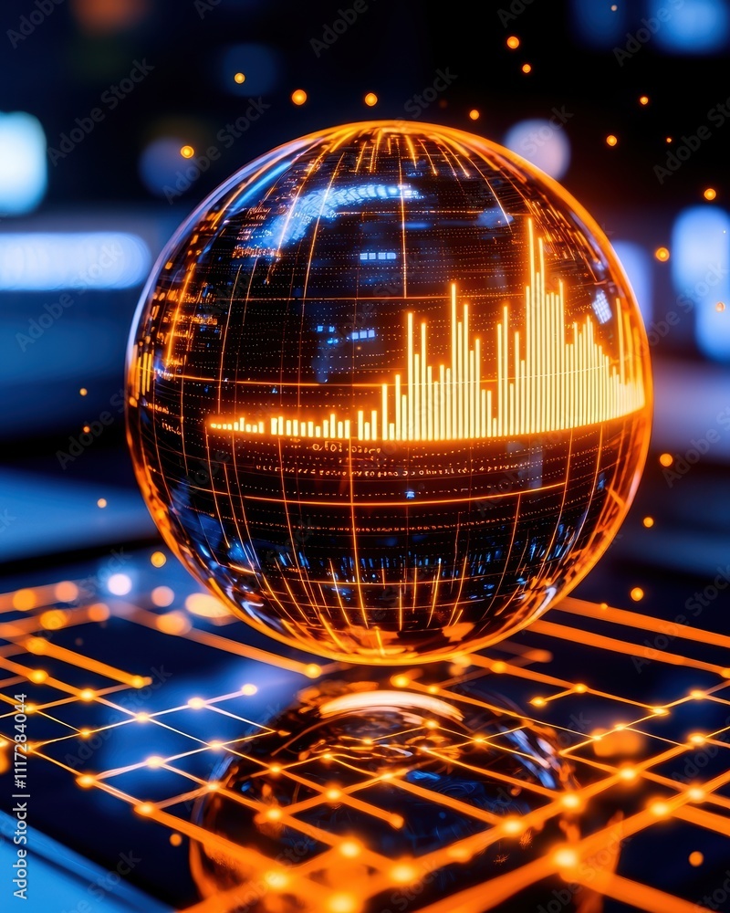 Poster a glowing globe displaying data visualizations, representing technology, analytics, and a digital la