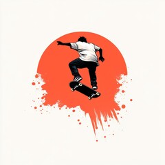 Skateboarder Silhouette with Red Paint Splashes and White Background
