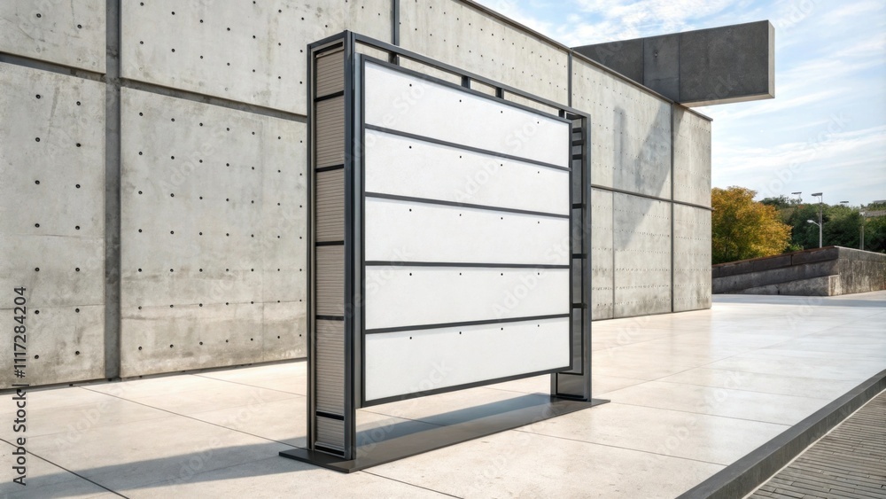 Poster modern urban billboard with white empty panels standing in front of concrete wall of building with p