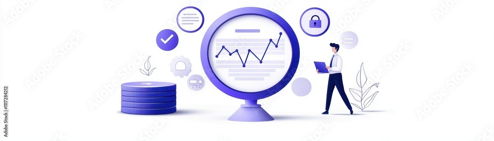 Aufkleber a digital graphic depicting a person analyzing data trends, highlighted by charts and icons represen
