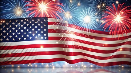 Celebrating Independence Day. United States of America USA flag with fireworks background for 4th of July, generative ai