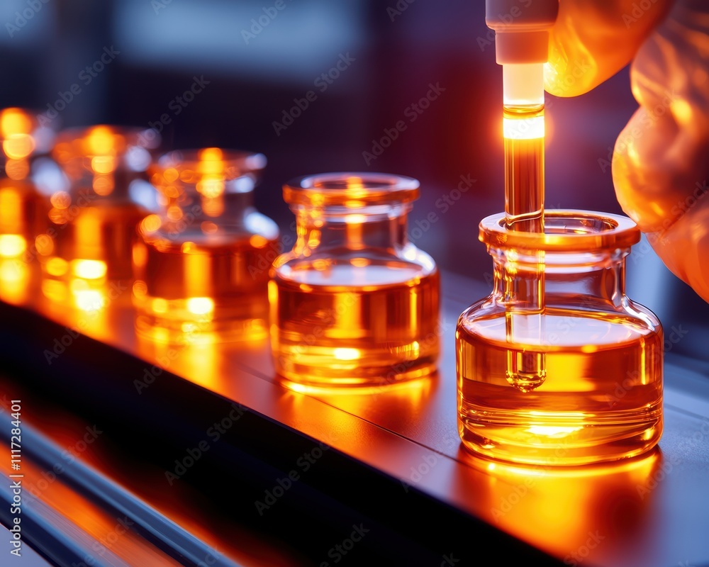 Poster a close-up of a hand using a pipette to transfer liquid into a vial, surrounded by glowing bottles, 