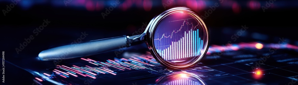 Poster a magnifying glass reflects data visualizations, symbolizing analysis and insights in a digital cont