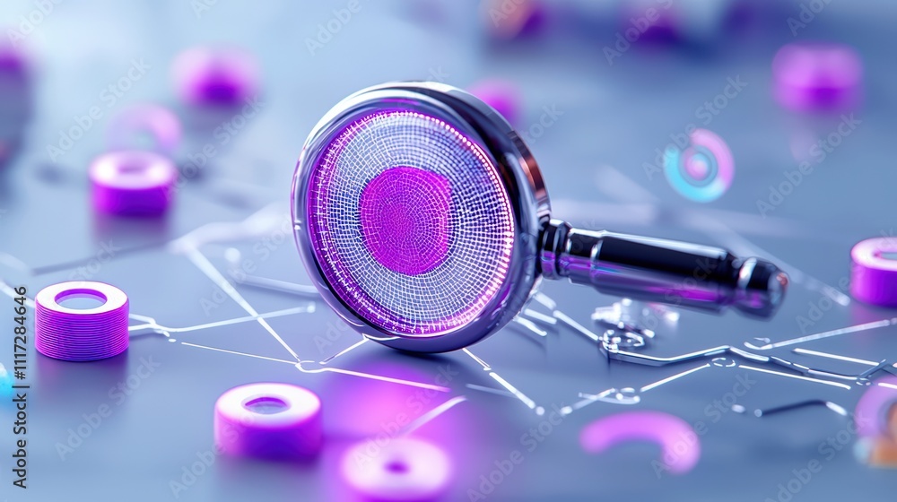 Poster a magnifying glass with a vibrant purple lens sits on a surface adorned with colorful shapes and pat