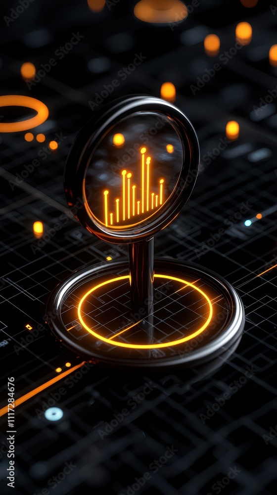 Poster a futuristic graphic featuring a data visualization point on a digital grid, illuminated with orange