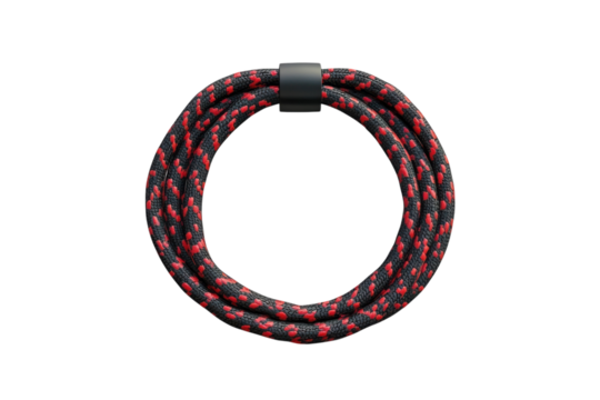 Durable black and red rope coil for outdoor activities and utility tasks in various settings