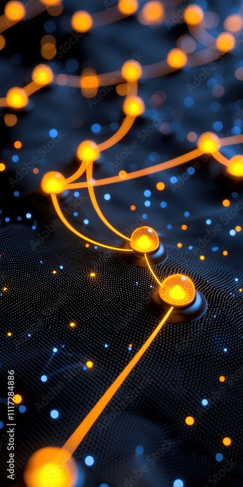 Poster a vibrant digital representation of interconnected nodes with glowing orange spheres and lines again