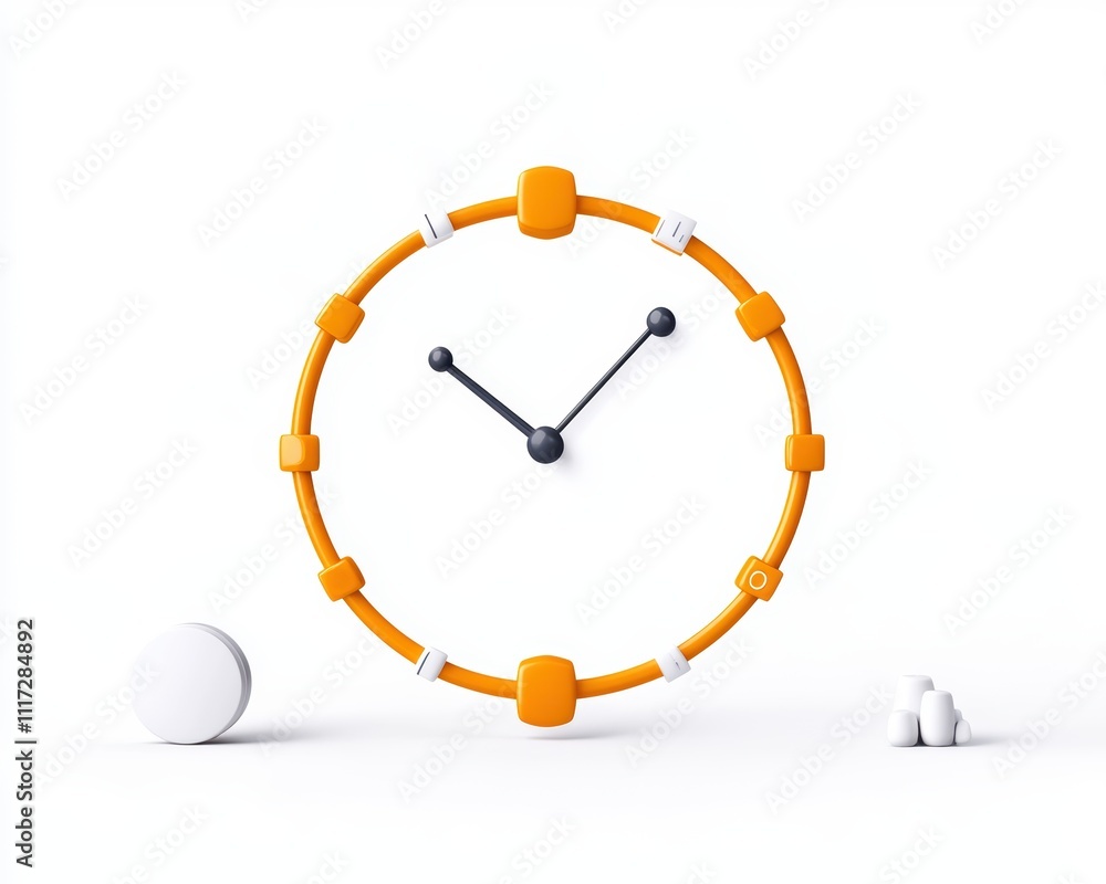 Poster a modern, minimalist clock design with orange accents, featuring a circular shape and simple hour an