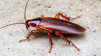 Close-Up View of a Brown Cockroach on Concrete Surface, Highlighting Intricate Details of Insect's Body, Antennae, and Texture, Ideal for Educational and Scientific Use