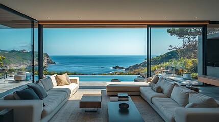 Fototapeta premium Oceanfront house interior bright coastal living room design