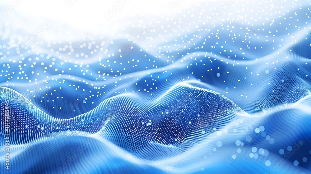 Poster abstract blue and white wavy background with textured surface and scattered dots.