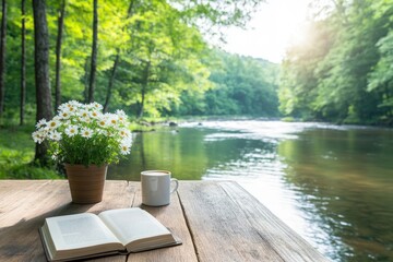 Fototapeta premium Serene morning at rustic cabin deck riverbank retreat cozy nature scene inviting atmosphere peaceful viewpoint