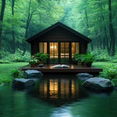 Serene wooden cabin on stone base amidst lush forest capturing nature's tranquility in a peaceful retreat