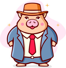 Cute Pig Wearing Business Uniform Cartoon Illustration