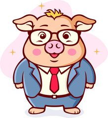 Cute Pig Wearing Office Uniform Cartoon Illustration