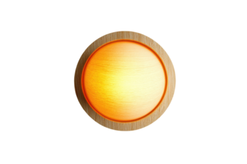 Warmly glowing circular lamp illuminates a cozy space with natural wood accents