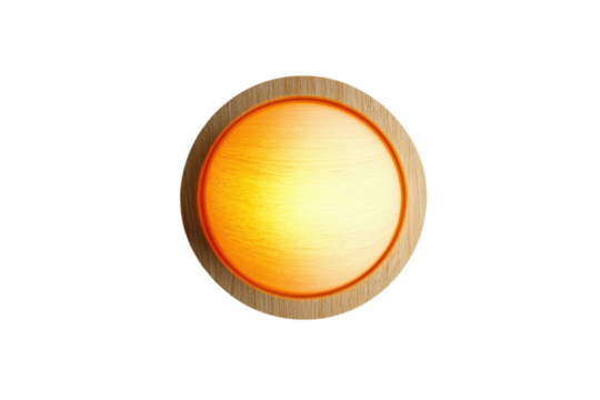 Warmly glowing circular lamp illuminates a cozy space with natural wood accents