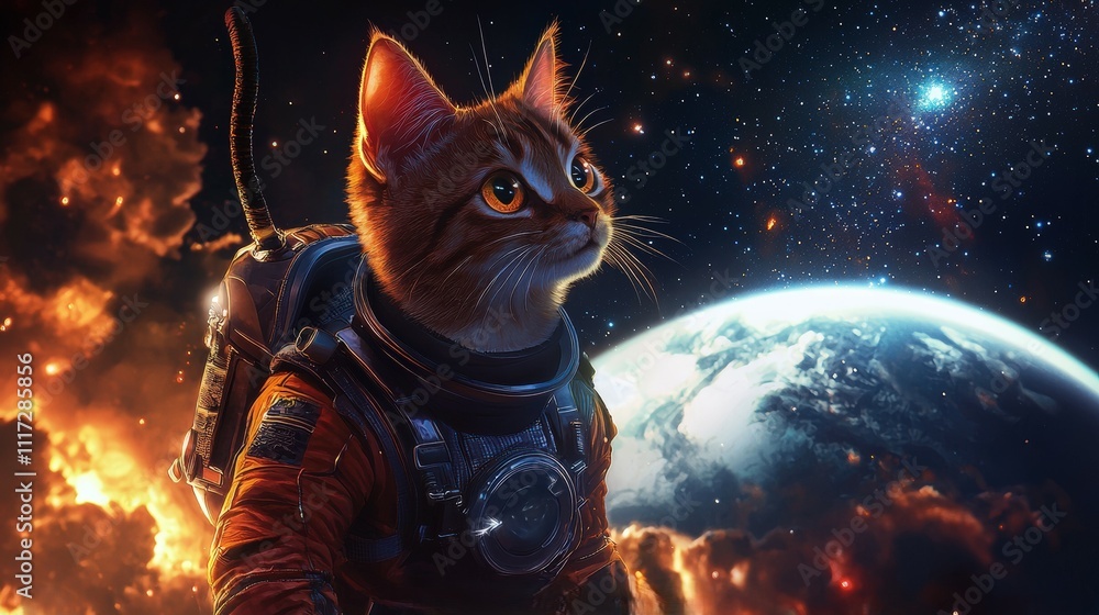 Poster adventurous cat pilot in spacesuit exploring distant planets cosmic environment digital art imaginat
