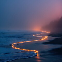 Twilight glow over foggy beach serene landscape photography natural beauty coastal environment mysterious viewpoint